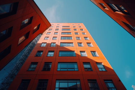 Low angle shot of a unique high rise orange building touching the blue sky. Generative AI AIG21.の素材