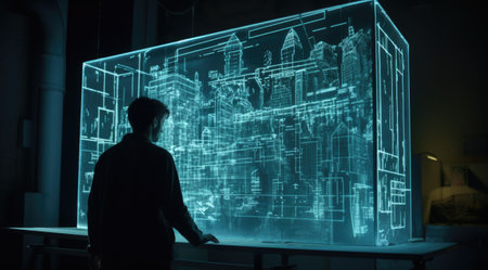 A male designer looking at a 3D building in an artificial blue light box in the style of data visualization. Generative AI AIG21.の素材