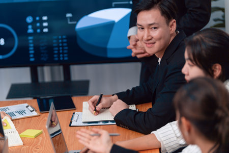 Business team of financial data analysis meeting with business intelligence, report paper and dashboard on laptop for marketing strategy. Business people working together to promote harmony in office.の写真素材