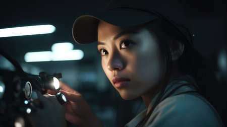 Engineer Female Asian 20s Testing a prototype in Laboratory. Generative AI AIG22.の素材