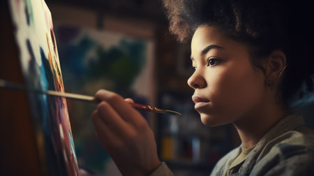 Artist Female African-American Young painting the canvas. Generative AI AIG22.の素材