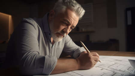 Architect Male Caucasian Middle-aged Drawing blueprint. Generative AI AIG22.の素材