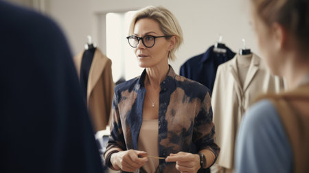 Creative Fashion Designer Female Caucasian Middle-Aged Presenting designs to clients for approval in Showroom. Generative AI AIG22.の素材