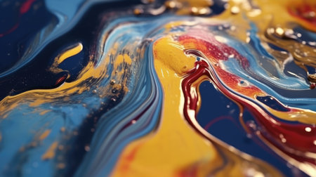 The close up of a glossy liquid surface abstract in navy blue, golden yellow, and deep red colors with a soft focus. 3D illustration of exuberant.の写真素材