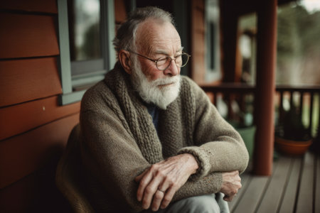Male Caucasian senior knitting cozy sweater warmth front porch. Generative AI AIG23.の素材