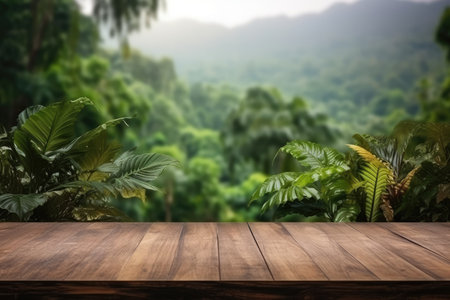 The empty rustic wooden table for product display with blur background of tropical jungle. Generative AI image AIG30.の素材