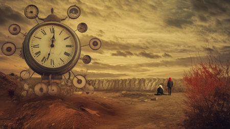 Old vintage clock ticking as concept of uncertainty future and past with imaginative surreal background. Picturesque generative AIの素材