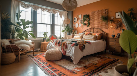Bedroom decor, home interior design . Bohemian Mid-century style with Gallery Wall decorated with Rattan and Velvet material . Generative AI AIG26.の素材