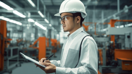 Hispanic engineer male writing checklist with serious looking, standing inside the smart factory with robotic arm and blur background. Generative AI AIG20.の素材
