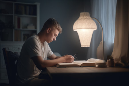 Male Hispanic young adult reading books in study room casual relaxing. Generative AI AIG23.の素材