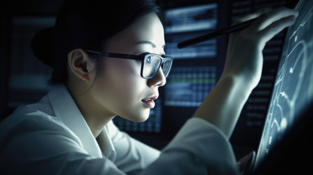 Businessperson Female Asian Mature Analyzing financial data on computer in Office. Generative AI AIG22.の素材