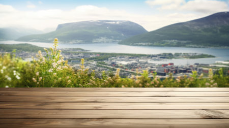 The empty wooden brown table top with blur background of Norway in summer. Generative AI image AIG30.の素材