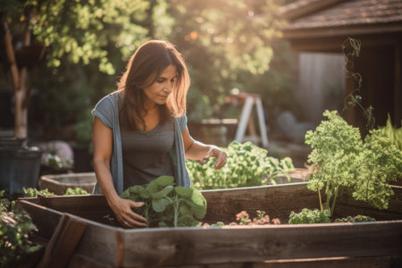 Female Hispanic middle aged gardening in backyard plants. Generative AI AIG23.の素材