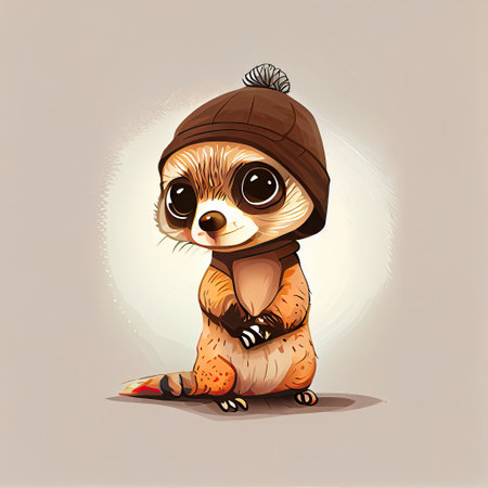 Cute meerkat comic wearing a beanie with sweater and hut. Concept of dog profile with isolated background. Designed by hip hop costume. Glorious generative AI.の素材