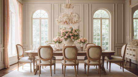 Interior design inspiration of Classic Traditional style home dining room loveliness decorated with Wood and Crystal material and Chandelier .Generative AI home interior design .の素材