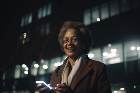 a senior african-american businesswoman executive using mobile phone with background of modern office buildings at night Generative AI AIG18.の素材