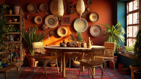 Interior design inspiration of Bohemian Eclectic style home dining room loveliness decorated with Rattan and Cotton material and Rug .Generative AI home interior design .の素材
