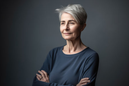 Mature female standing inside studio smiling happily for camera. Generative AI AIG20.の素材