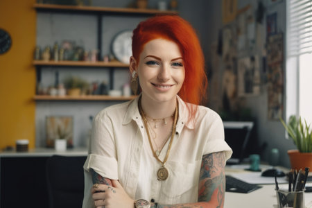 Cool female fashion designer, smiling face, looking at camera, red hair, piercing, tattoo, standing at office desk, laptop, colorful trendy interior office. Generative AI AIG20.の素材