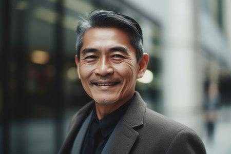 Mature smart asian businessman, smiling face, standing in blur background of modern office building. Generative AI AIG20.の素材