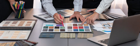 Group of professional interior designer and architect working together, planning and choosing color...