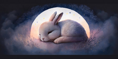A cute and adorable bunny is sleeping under night sky between stars pillow. Generative AI AIG16.の素材