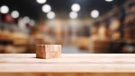 The empty wooden table top with blur background of factory. Exuberant image.の写真素材