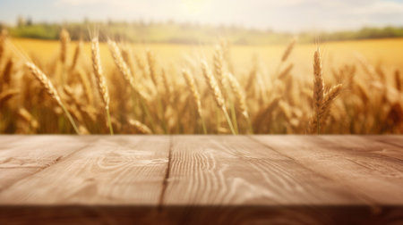 The empty wooden table top with blur background of wheat farm. Exuberant image.の写真素材