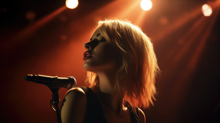 Pop Singer Female Caucasian Young Adult Performing on stage for a live audience, singing hit songs and covers in Concert stage. Generative AI AIG22.の素材