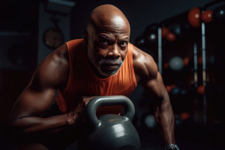Male African American adult exercising with weights healthy. Generative AI AIG23.の素材