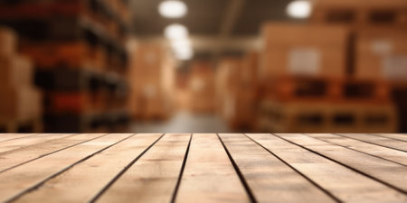 The empty wooden table top with blur background of a large warehouse. Exuberant image.の写真素材