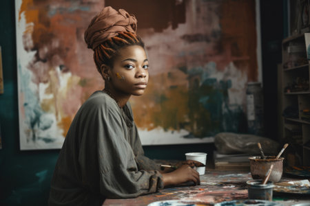 Female African teenager painting art studio artist apron picture drawing. Generative AI AIG23.の素材
