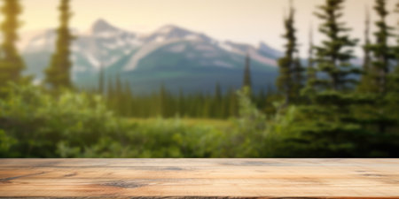 The empty wooden table top with blur background of Alaska nature. Exuberant image.の写真素材