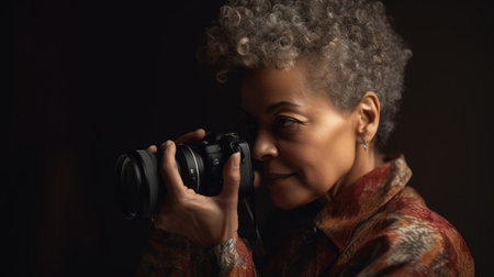 Photographer Female African-American Middle Age Taking pictures at a fashion shoot in Studio. Generative AI AIG22.の素材