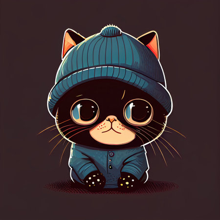 Cute cat comic wearing a beanie with sweater and hut. Concept of kitten profile with isolated background. Designed by hip hop costume. Glorious generative AI.の素材