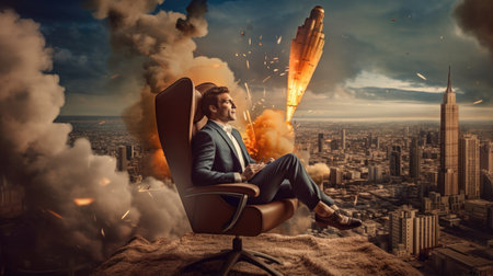 Businessman with rocket taking off as concept of business startup with sky and city background. Picturesque generative AIの素材