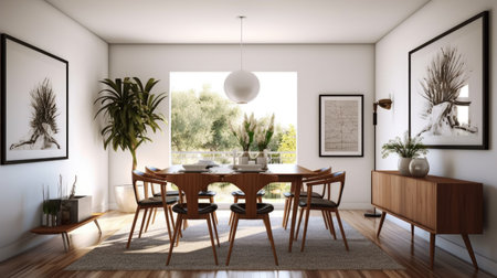 Interior design inspiration of Mid-Century Modern Scandinavian style home dining room loveliness decorated with Walnut and Leather material and Statement Art .Generative AI home interior design .の素材
