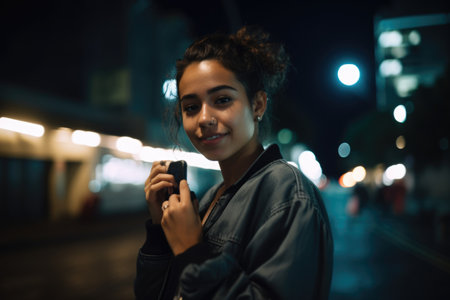 Wide angle shot of a young mexican hispanic woman trendy clothes using mobile phone with background of urban city street at night. Generative AI AIG18.の素材