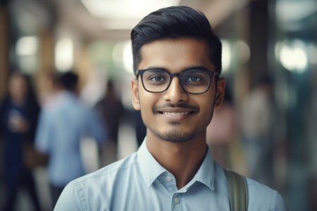 Young smart indian businessman, smiling face, standing in blur background of busy office. Generative AI AIG20.の素材