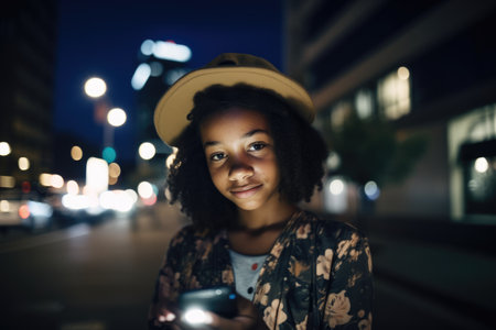 Wide angle shot of a young african-american 10-year-old little girl trendy clothes using mobile phone with background of urban city street at night. Generative AI AIG18.の素材