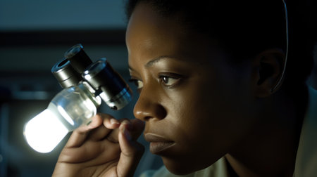 Scientist Female African-American Middle-Aged Conducting an experiment in a lab in Laboratory. Generative AI AIG22.の素材