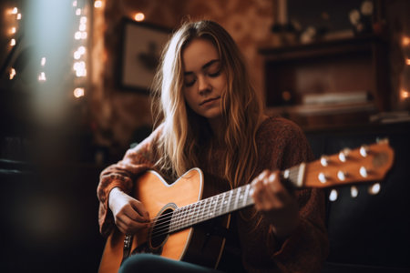 Female Caucasian adult playing guitar in music room activity music. Generative AI AIG23.の素材
