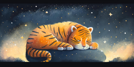 A cute and adorable tiger is sleeping under night sky between stars pillow. Generative AI AIG16.の素材