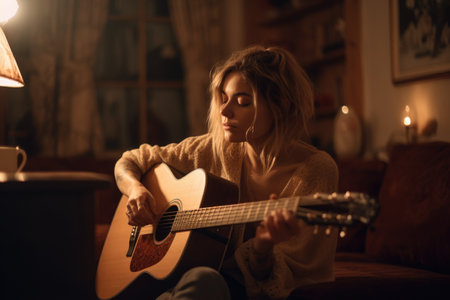 Female mixed young adult playing guitar in living room activity music. Generative AI AIG23.の素材