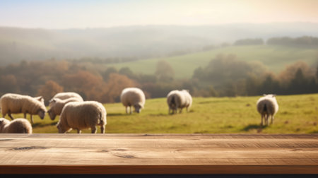 The empty wooden brown table top with blur background of sheep pasture. Exuberant image.の写真素材