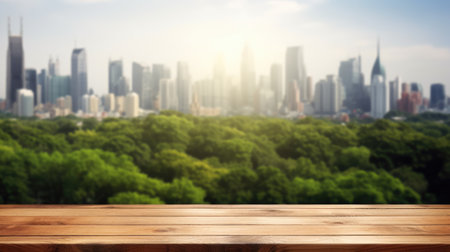 The empty wooden table top with blur background of city park skyline. Exuberant image.の写真素材