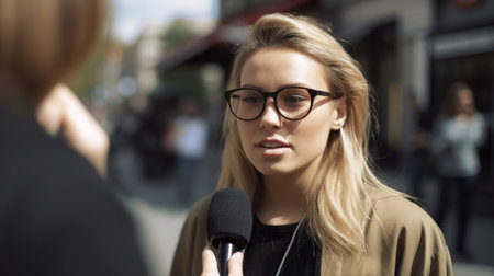 Journalist Female Caucasian Young Adult Interviewing someone with a microphone in hand in Outdoor street. Generative AI AIG22.の素材