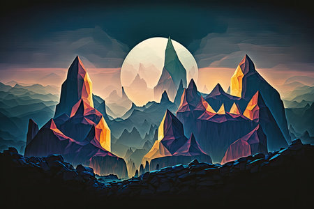 Concept colorful shading modern abstract art in natural of mountain. Decorated by technique painting in reflecting sunlight to graphic house. Glorious generative AI.の素材