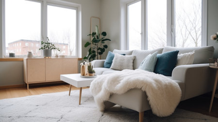 Living room decor, home interior design . Scandinavian Minimalist style with Large Window decorated with Light Wood and White material . Generative AI AIG26.の素材