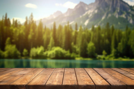 The empty wooden table top with blur background of summer lakes mountain. Exuberant image.の写真素材